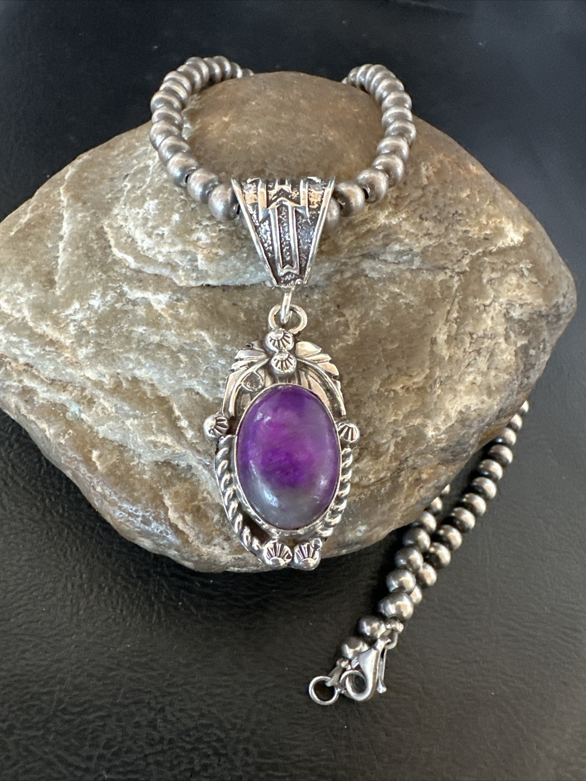 Purple Stone Pendant Sterling Silver Beads Necklace 20” 18048