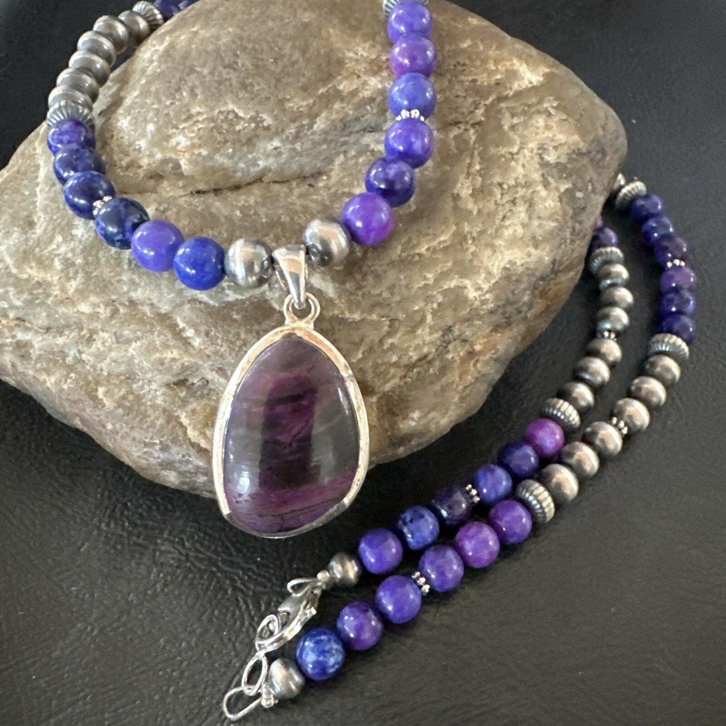Purple Stone Pendant Navajo Pearls Sterling Silver Necklace 23" 17894