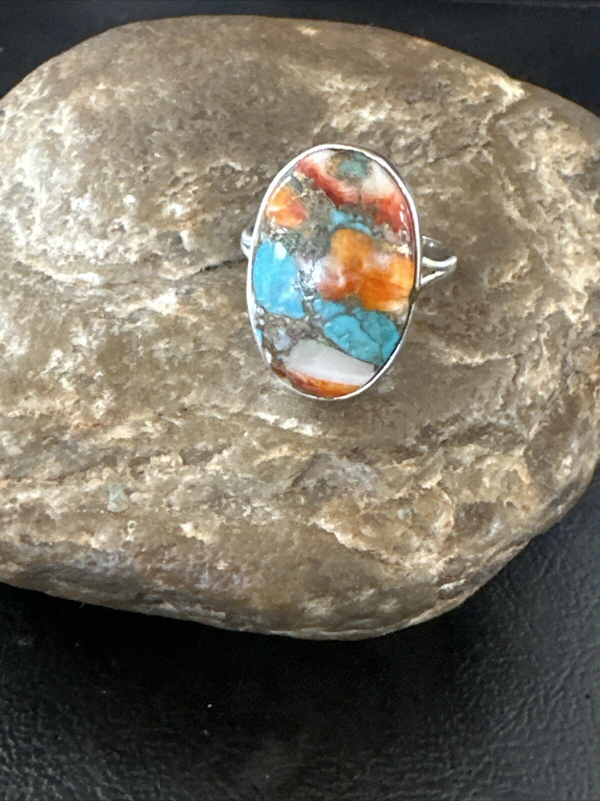 Blue Turquoise Orange Spiny Oyster Navajo Sterling Silver Ring Size 10 18207