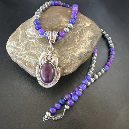 Purple Stone Pendant Navajo Pearls Sterling Silver Necklace 18386