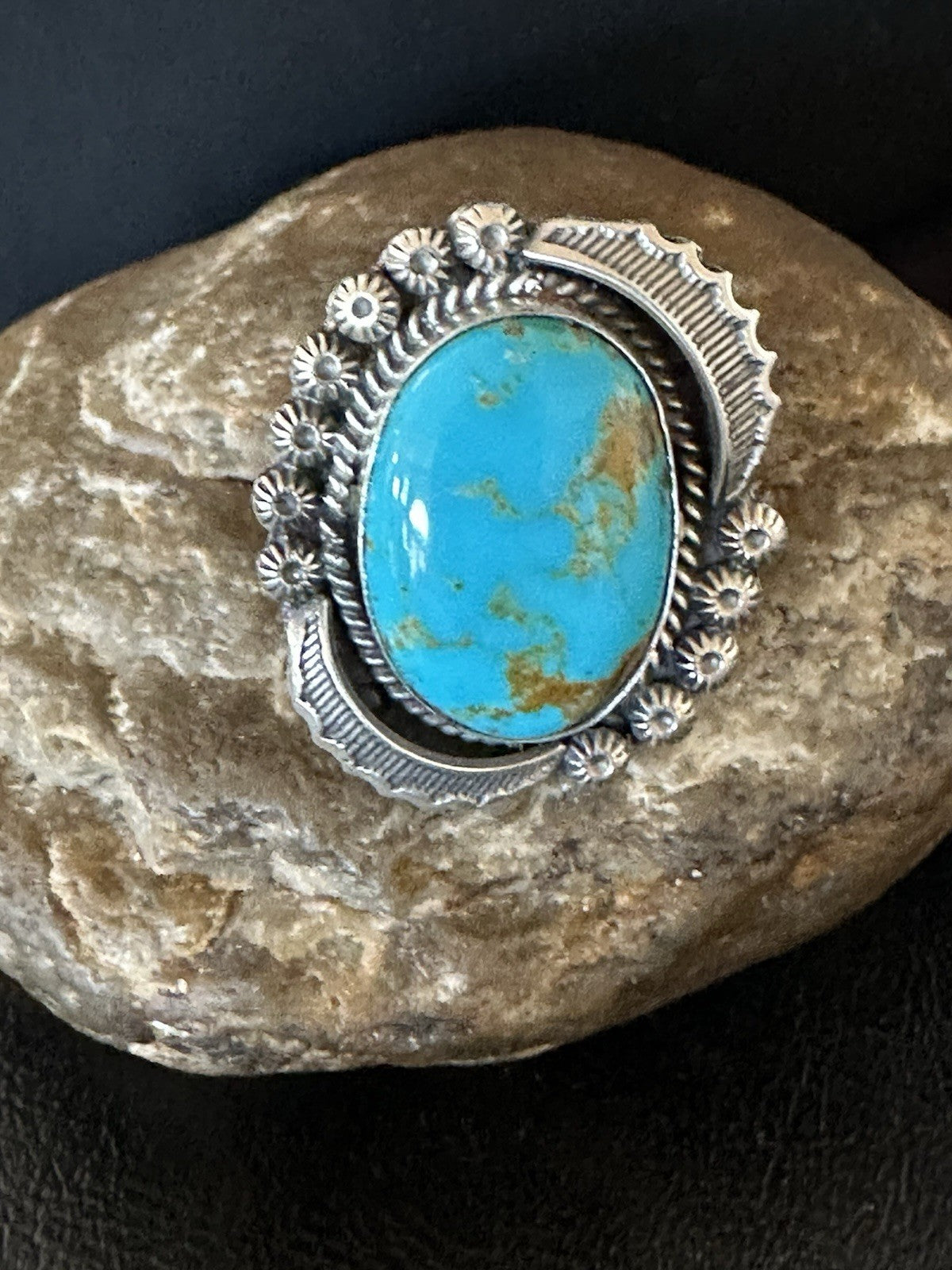 Mens Blue Kingman Turquoise Navajo Sterling Silver Adjustable Ring Size 9 19417