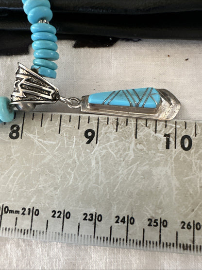 Blue Turquoise Inlay Pendant Navajo Sterling Silver Necklace 20" 19677