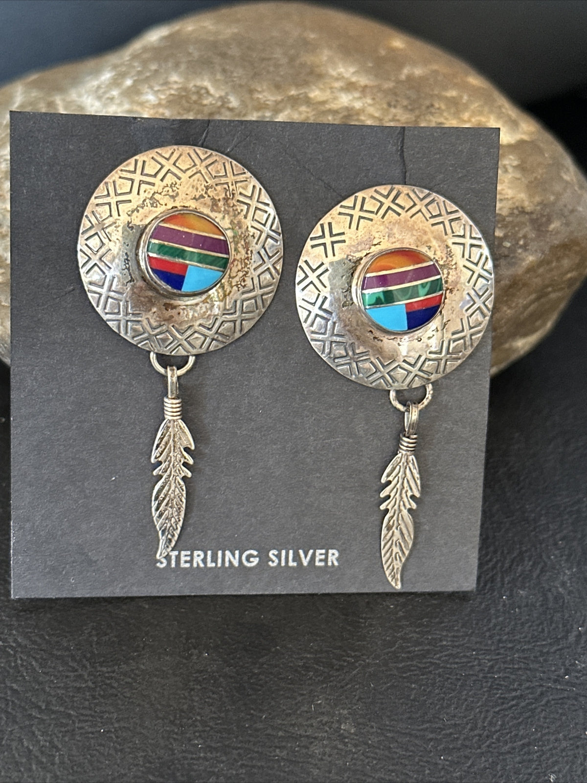 Blue Turquoise & Spiny Oyster Navajo Sterling Silver Inlay Earrings 2” 14762