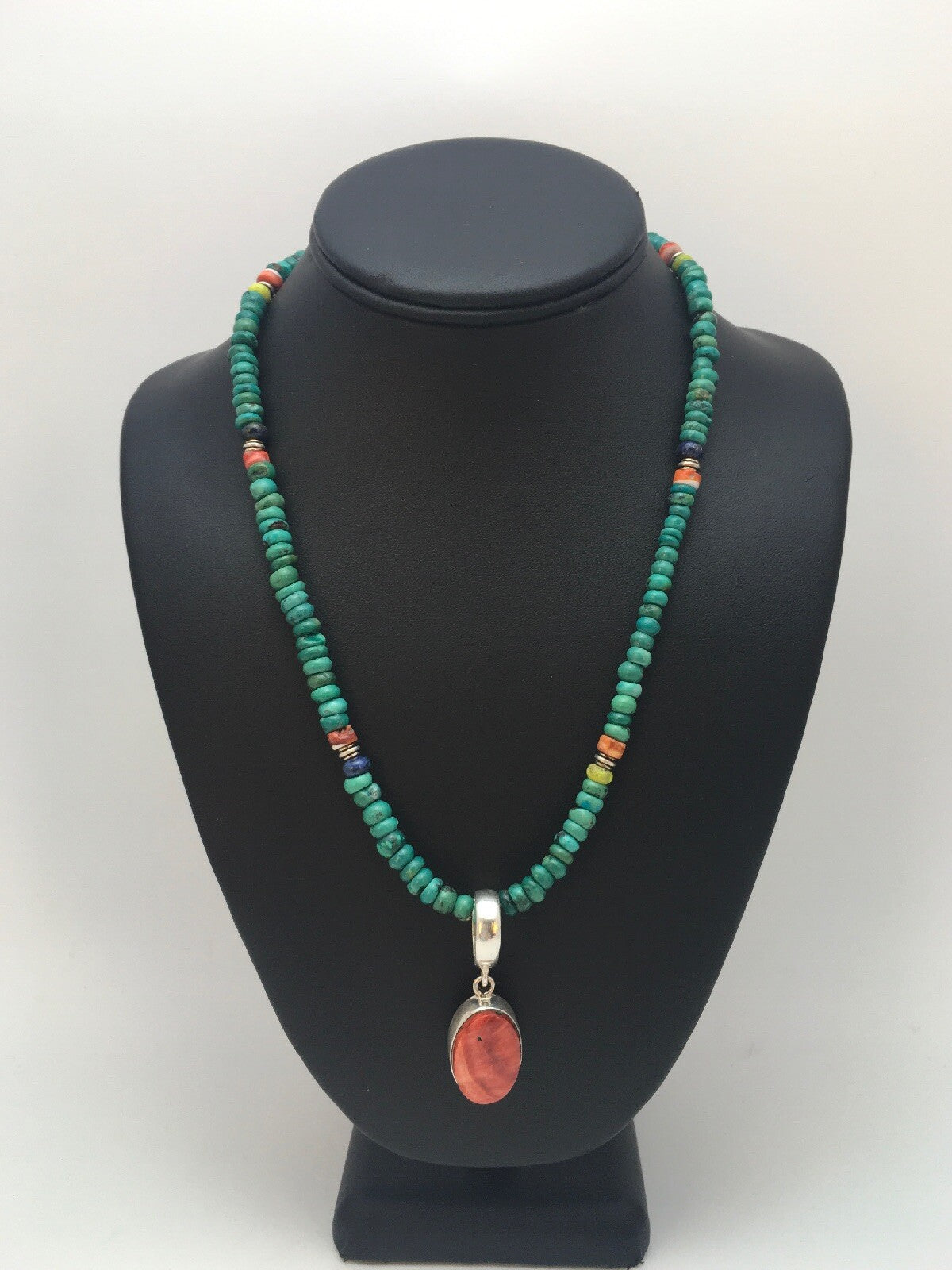 Turquoise & Spiny Oyster Pendant Pueblo Sterling Silver Necklace 08910