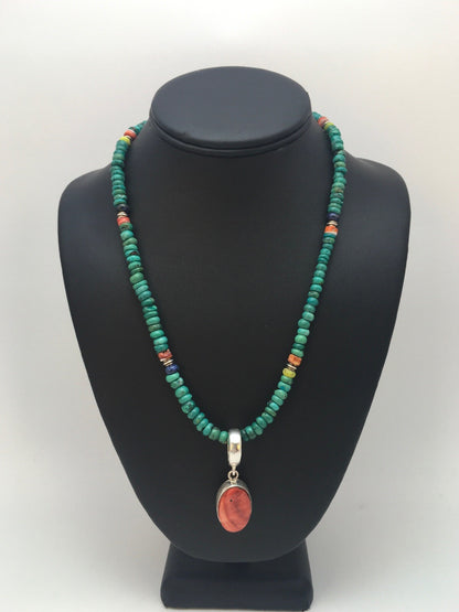 Turquoise & Spiny Oyster Pendant Pueblo Sterling Silver Necklace 08910