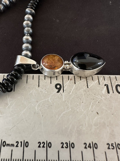 Mens Womens Black Onyx Amber Pendant Navajo Sterling Silver Necklace 18335