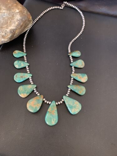Navajo Pearls Royston Turquoise Teardrop Necklace Sterling Silver 12003