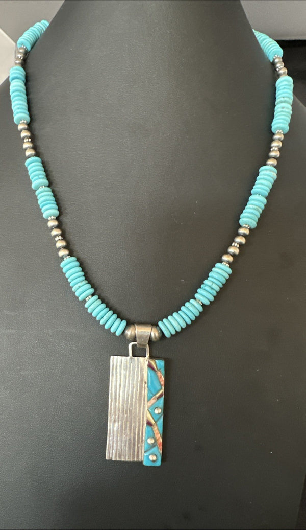 Blue Turquoise Inlay Pendant Navajo Necklace 20" | Sterling Silver | Authentic Native American Handmade | 19711