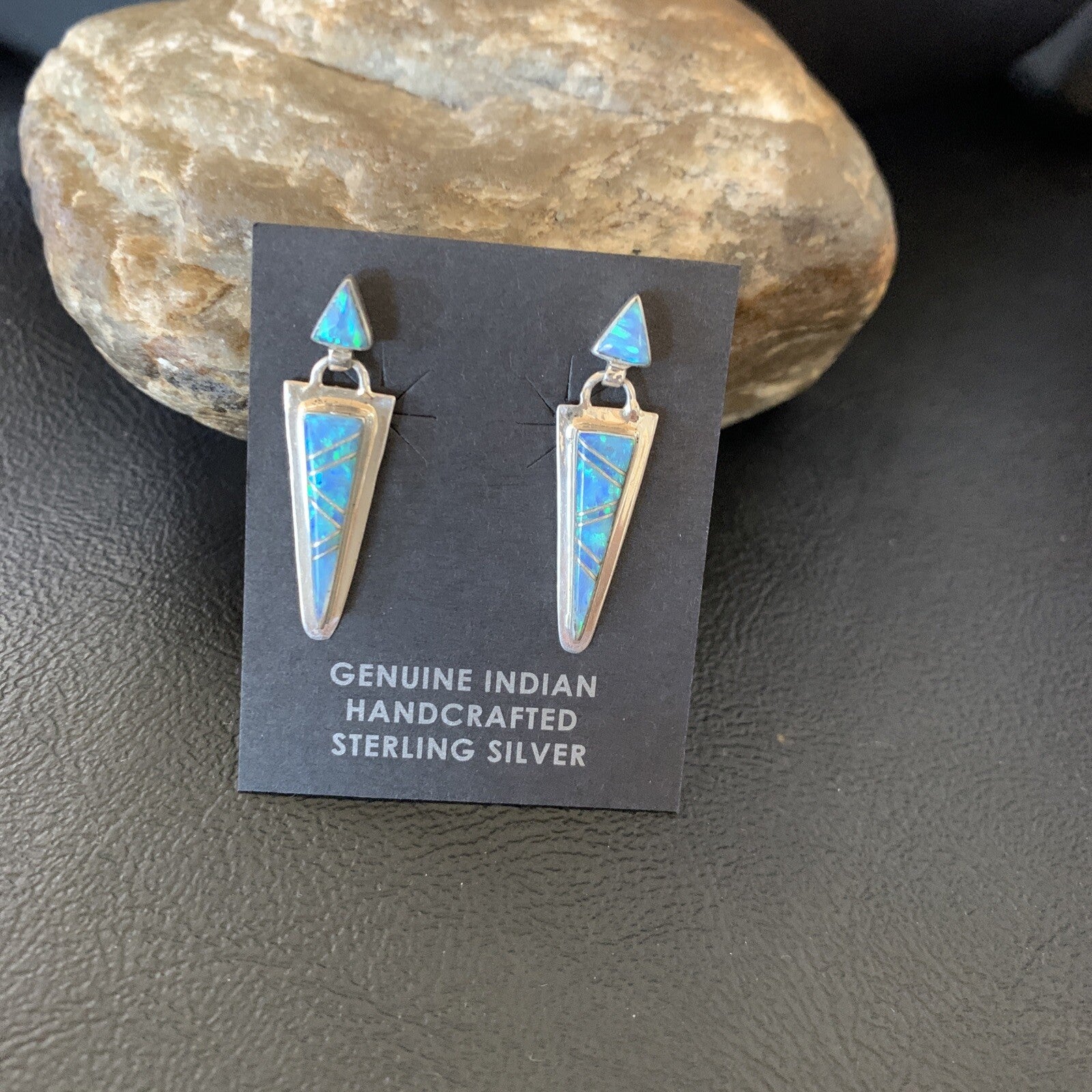 Native Womens Blue Opal Inlay Navajo Sterling Silver Dangle Earrings 12777