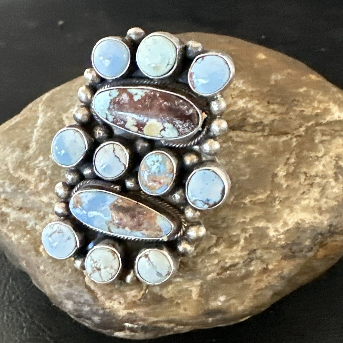 Womens Golden Hills Turquoise Navajo Sterling Silver Cluster Ring Sz 8 17774
