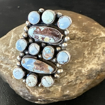 Womens Golden Hills Turquoise Navajo Sterling Silver Cluster Ring Sz 8 17774