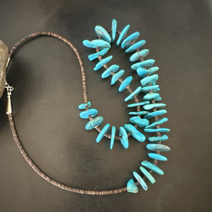 Navajo Kingman Turquoise Shell Heishi Sterling Silver Bead 24” Necklace 19633
