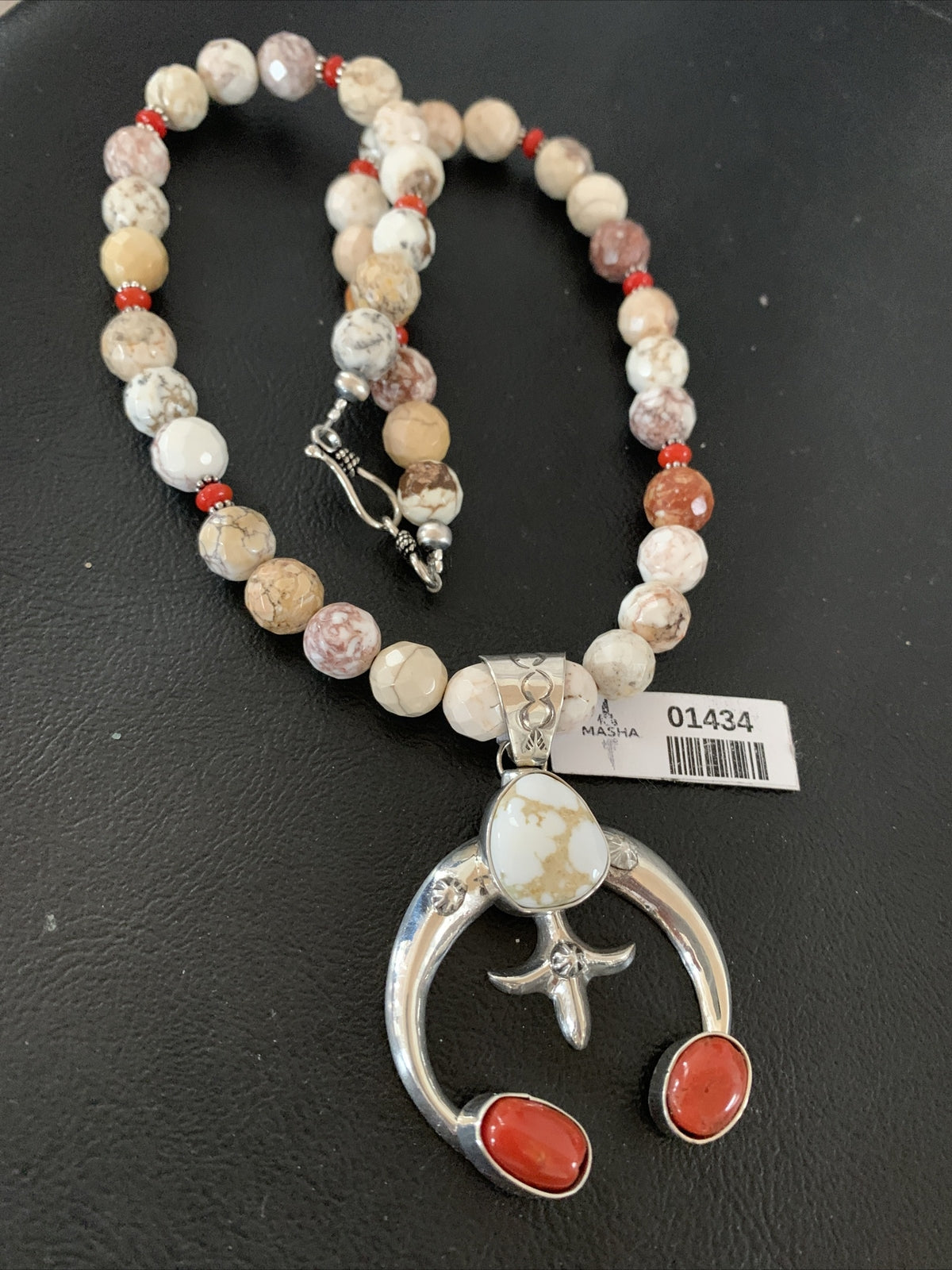 White Buffalo Turquoise Coral Naja Pendant Navajo Sterling Silver Necklace 01434