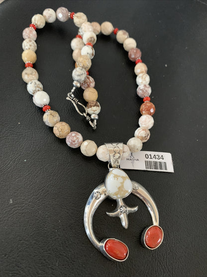 White Buffalo Turquoise Coral Naja Pendant Navajo Sterling Silver Necklace 01434