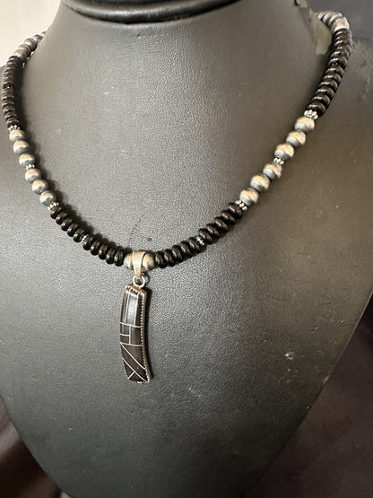 Mens Womens Black Onyx Pendant Navajo Sterling Silver Beads Necklace 18332