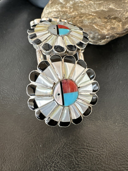 Blue Turquoise Coral MOP Zuni Sterling Silver Inlay Sunface Cuff Bracelet 18872
