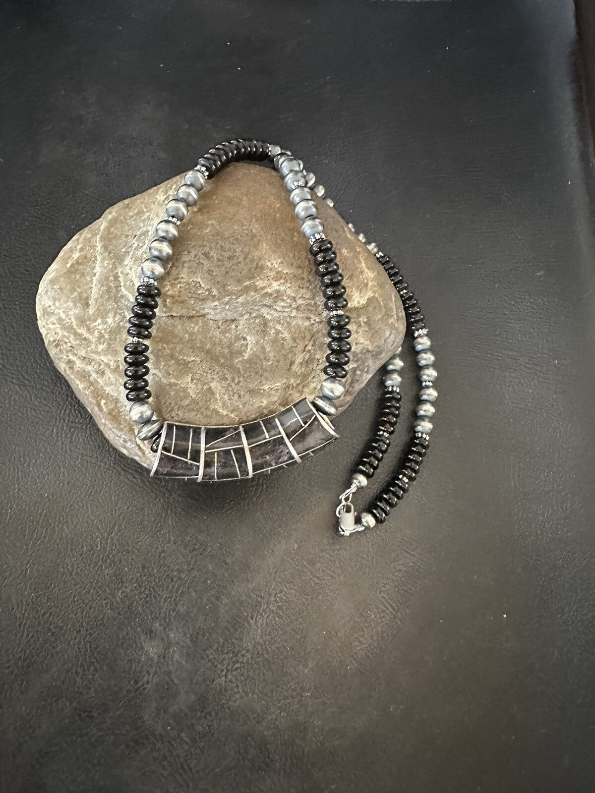 Mens Womens Black Onyx Pendant Navajo Sterling Silver Beads Necklace 18330