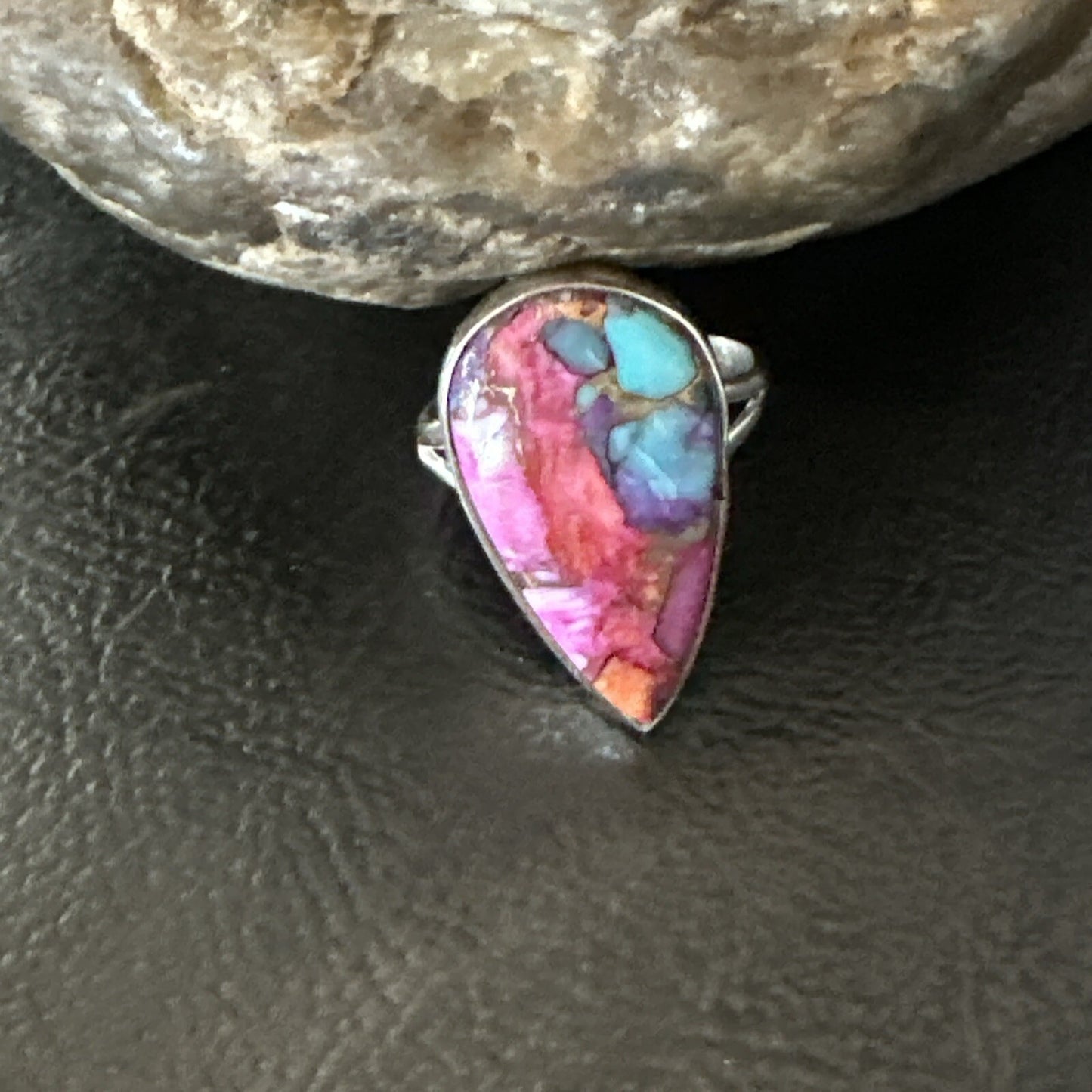 Blue Turquoise Spiny Oyster Southwestern Sterling Silver Ring Size 7 18423
