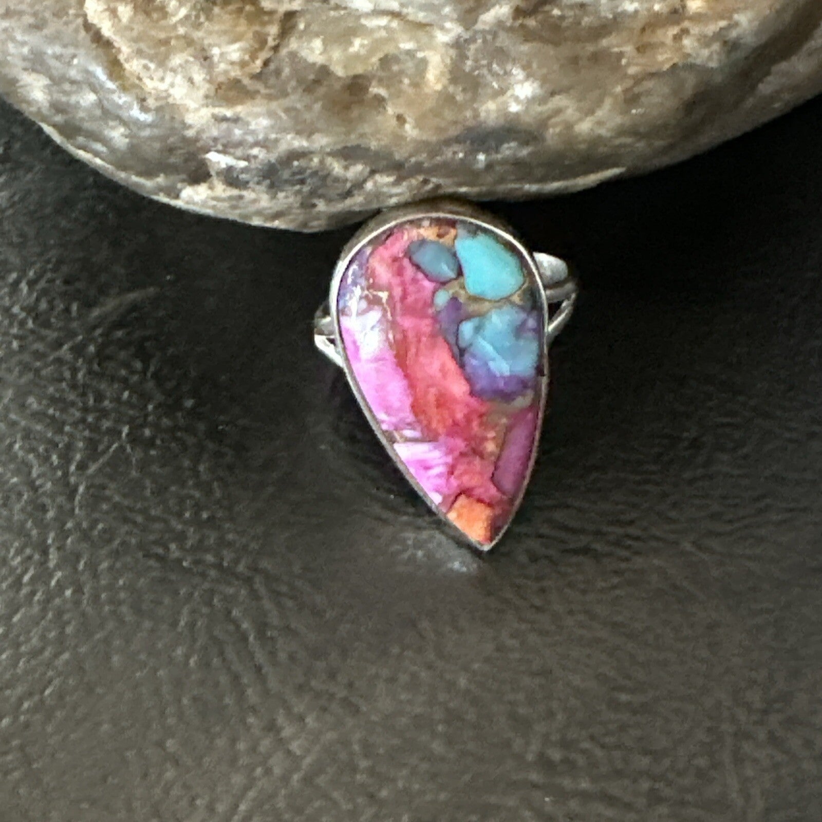 Blue Turquoise Spiny Oyster Southwestern Sterling Silver Ring Size 7 18423