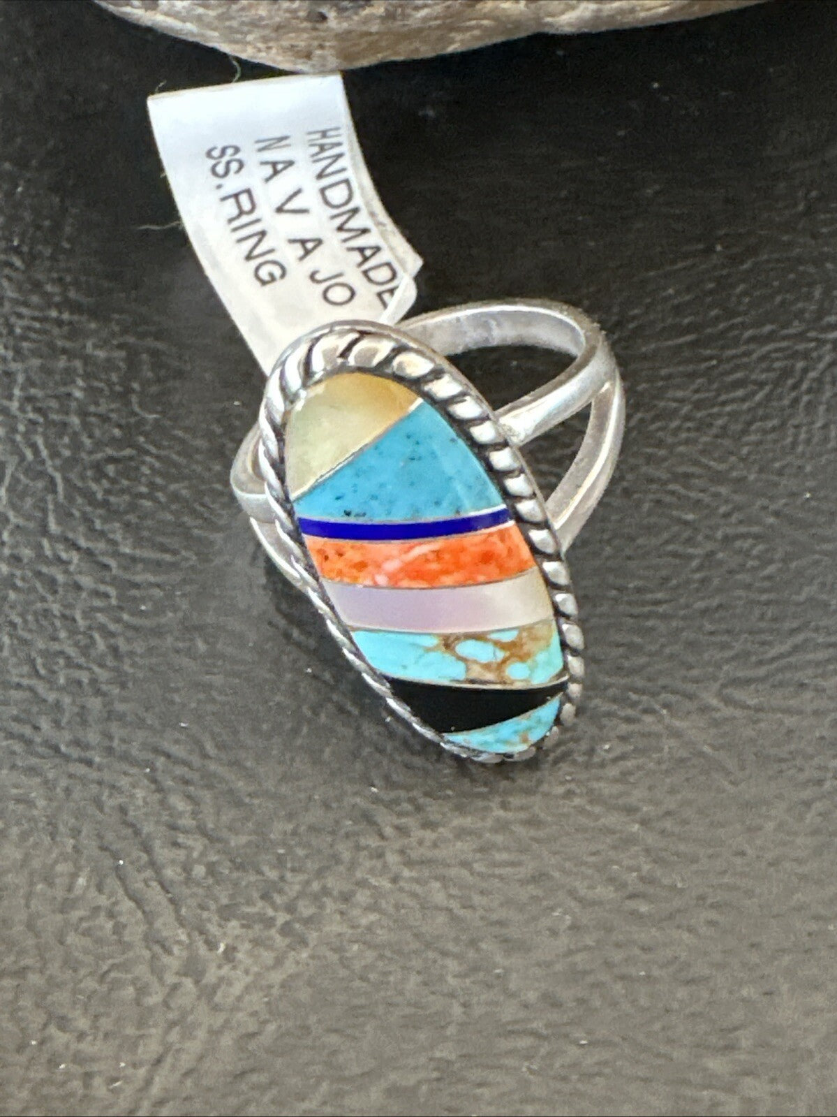 MultiColor Navajo Sterling Turquoise Spiny Oyster Inlay Ring Sz 8.5 18705