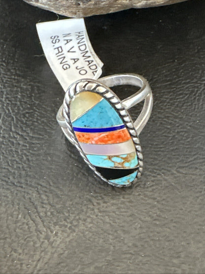 MultiColor Navajo Sterling Turquoise Spiny Oyster Inlay Ring Sz 8.5 18705
