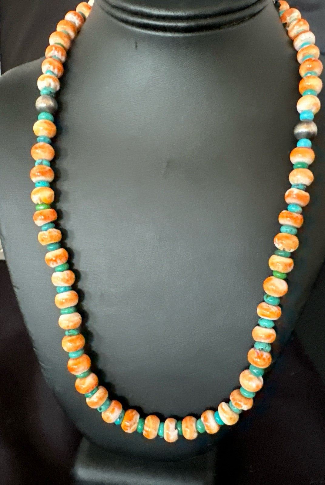 Orange Spiny Oyster Turquoise Navajo Sterling Silver Beads 22” Necklace 19164