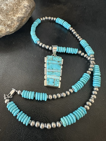 Blue Turquoise Opal Inlay Pendant Navajo Sterling Silver Necklace 19512