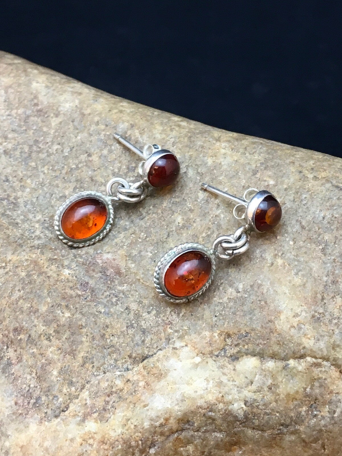 Native American Navajo Sterling Silver Gold Amber Dangle Earrings 13104
