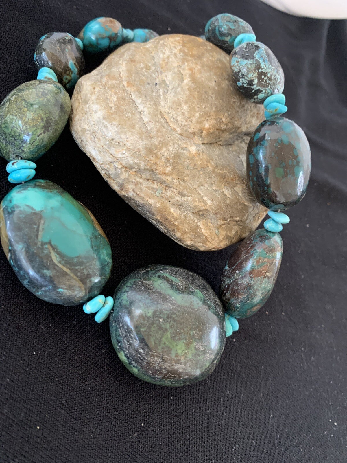 Natural Blue Nugget Turquoise Graduated Navajo Sterling Silver Necklace 00627