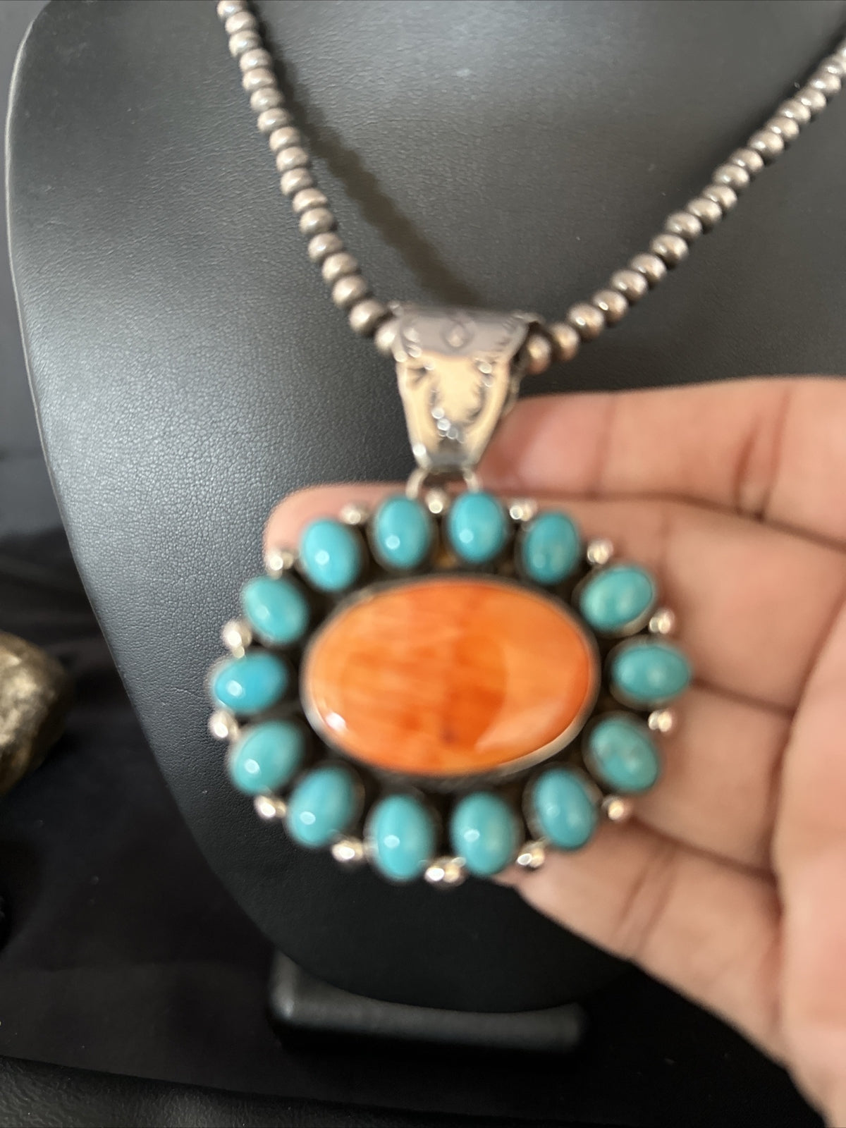Kingman Turquoise & Spiny Oyster Cluster Pendant Sterling Silver Necklace 14277