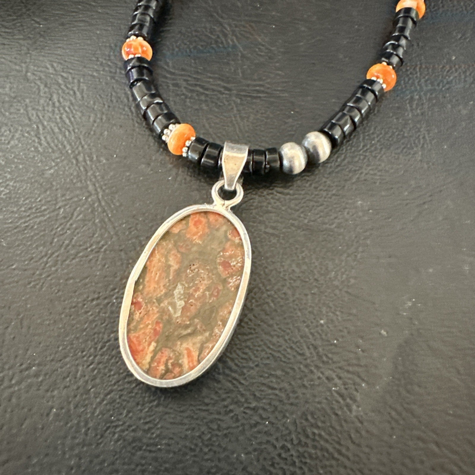 Orange Spiny Black Onyx Navajo Sterling Silver Pendant Necklace 20” 19638