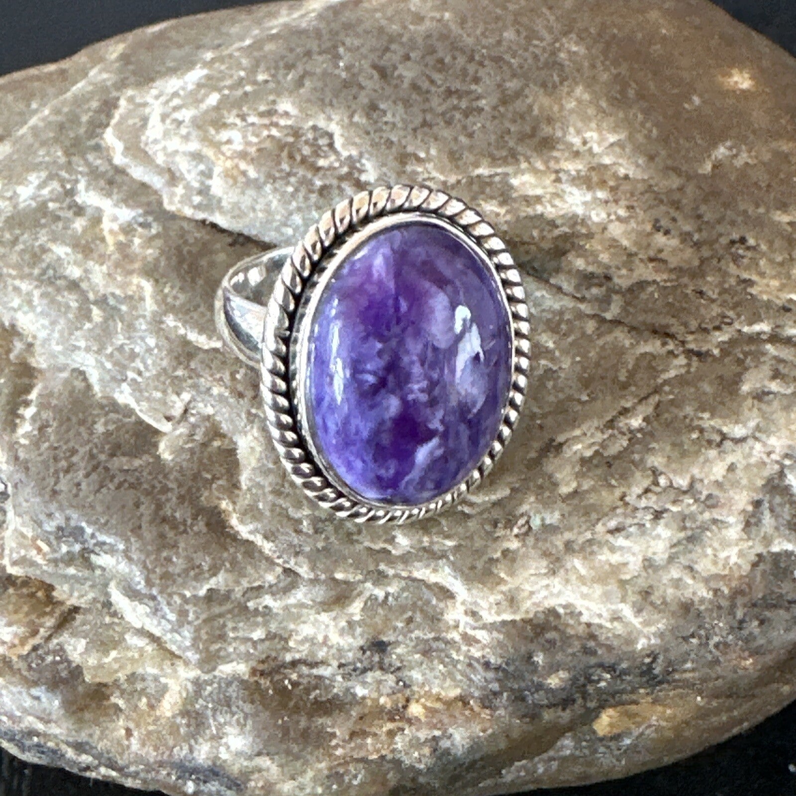 Womens Purple Charoite Navajo Sterling Silver Oval Ring Adjustable Size 9 17245
