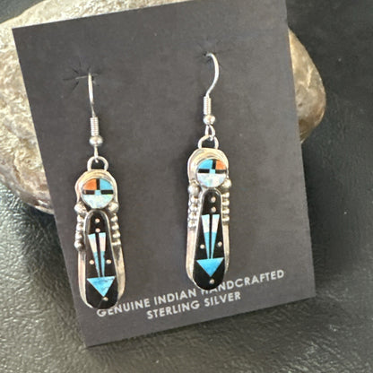 Navajo Onyx Opal Turquoise Inlay Earrings Sterling Silver Handmade 19773