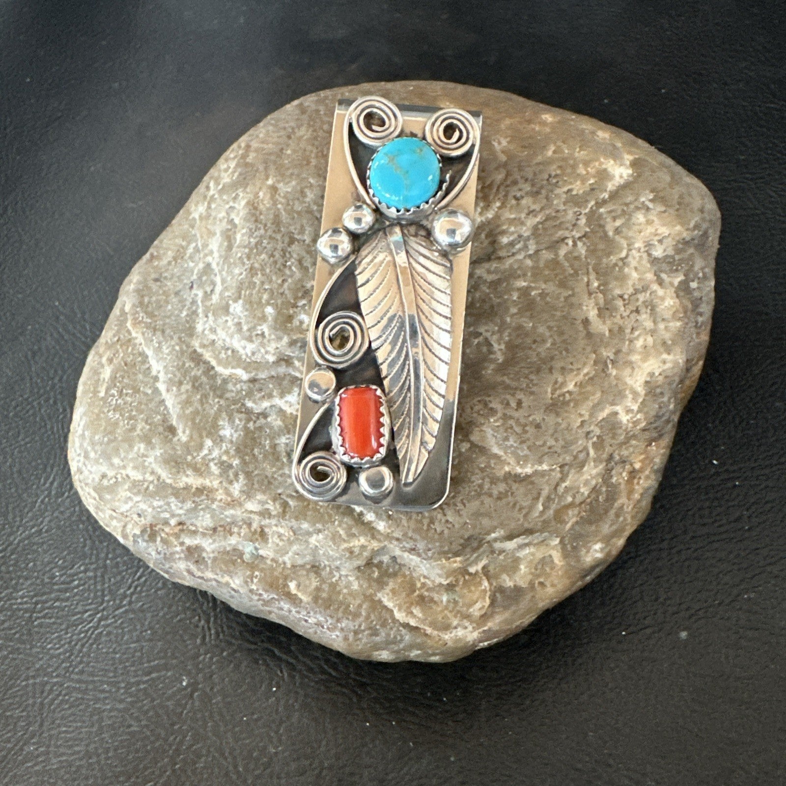 Mens Women Blue Turquoise Coral Navajo Stainless Stamped Silver Money Clip 19736