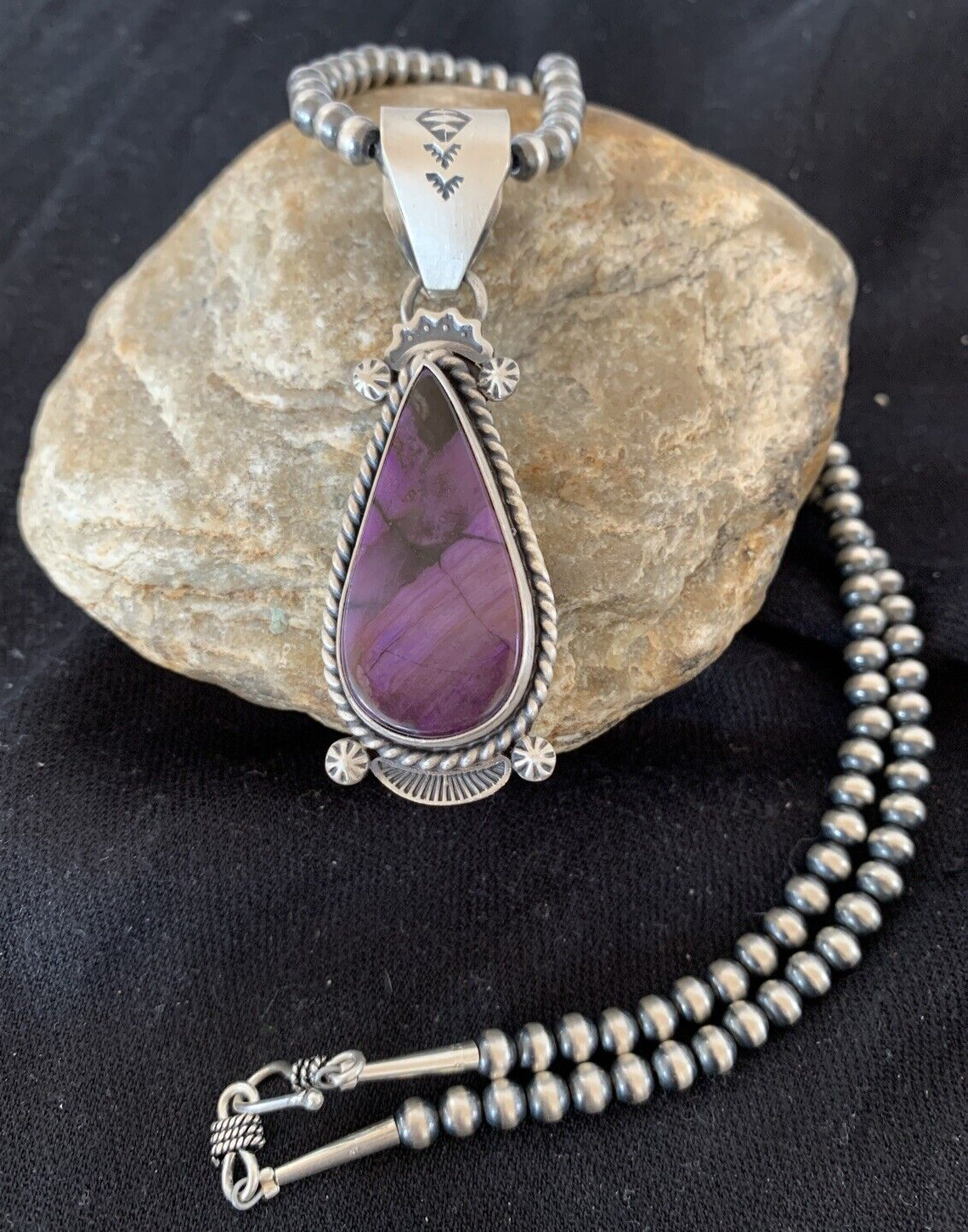 Purple Stone Pendant Navajo Pearls Sterling Silver Necklace 04928