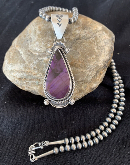 Purple Stone Pendant Navajo Pearls Sterling Silver Necklace 04928