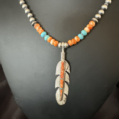 Feather Orange Spiny Opal Pendant Sterling Silver Turquoise Necklace 21” 18672
