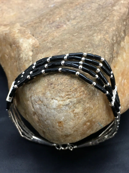 Black Onyx Heishi 5 Strand Southwestern Liquid Sterling Silver Bracelet 7" 02932