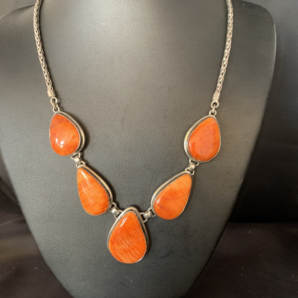 Orange Spiny Oyster Pendant Navajo Lariat Necklace 20" | Sterling Silver | Authentic Native American Handmade | 13889