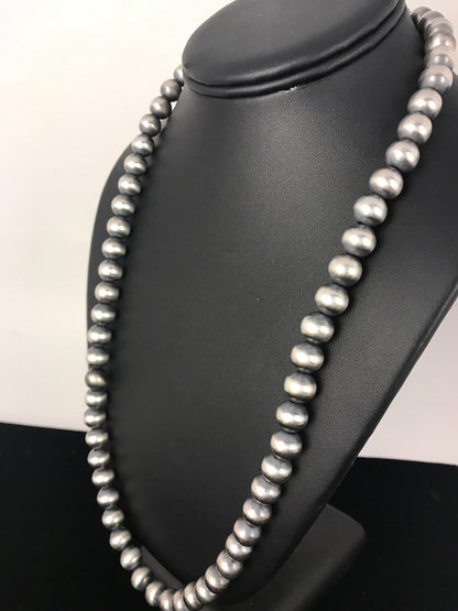 Native American 10mm Sterling Silver Navajo Pearls 26" Hook & Eye Cone Necklace