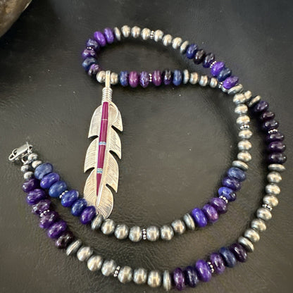 Feather Purple Stone Opal Pendant Sterling Silver Necklace 21” 18671