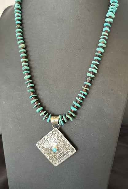 Navajo Blue Turquoise Stamped Pendant Shell Sterling Silver 25” Necklace 19706