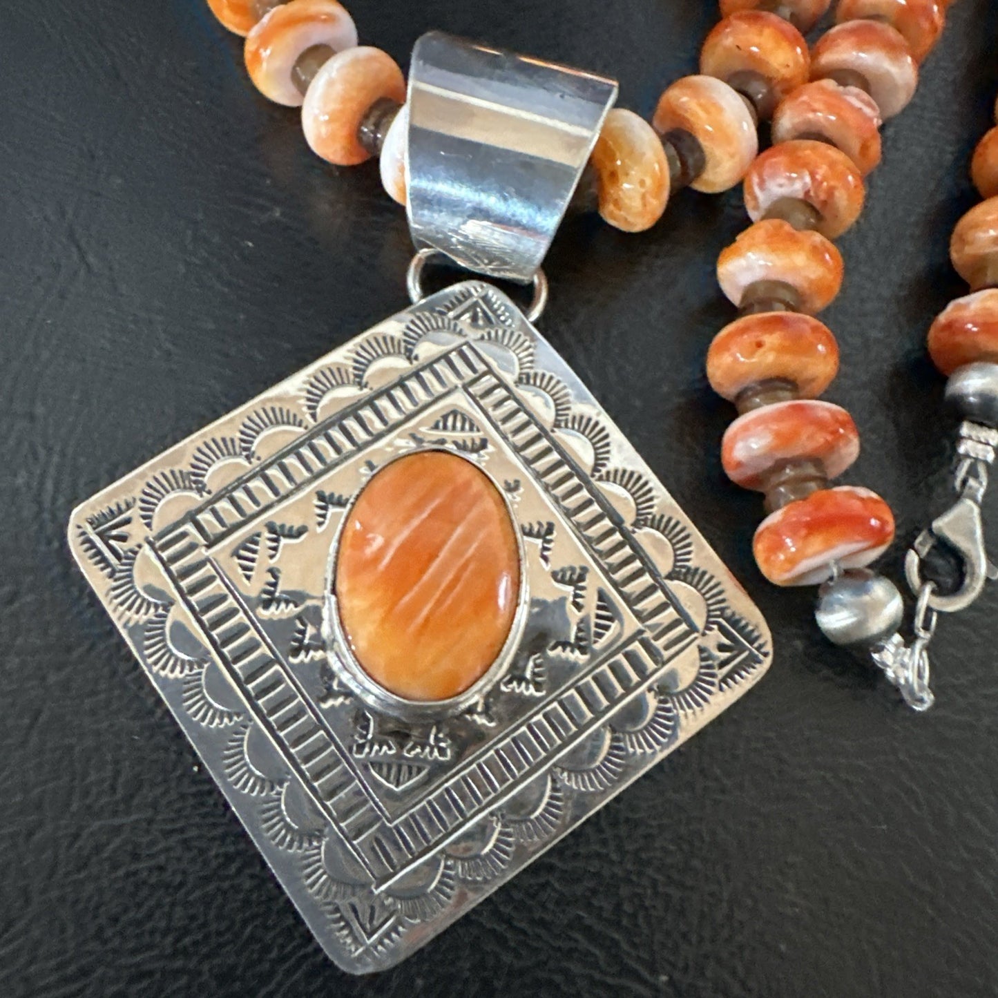H Joe Orange Spiny Oyster Pendant Navajo Sterling Silver Necklace 19481