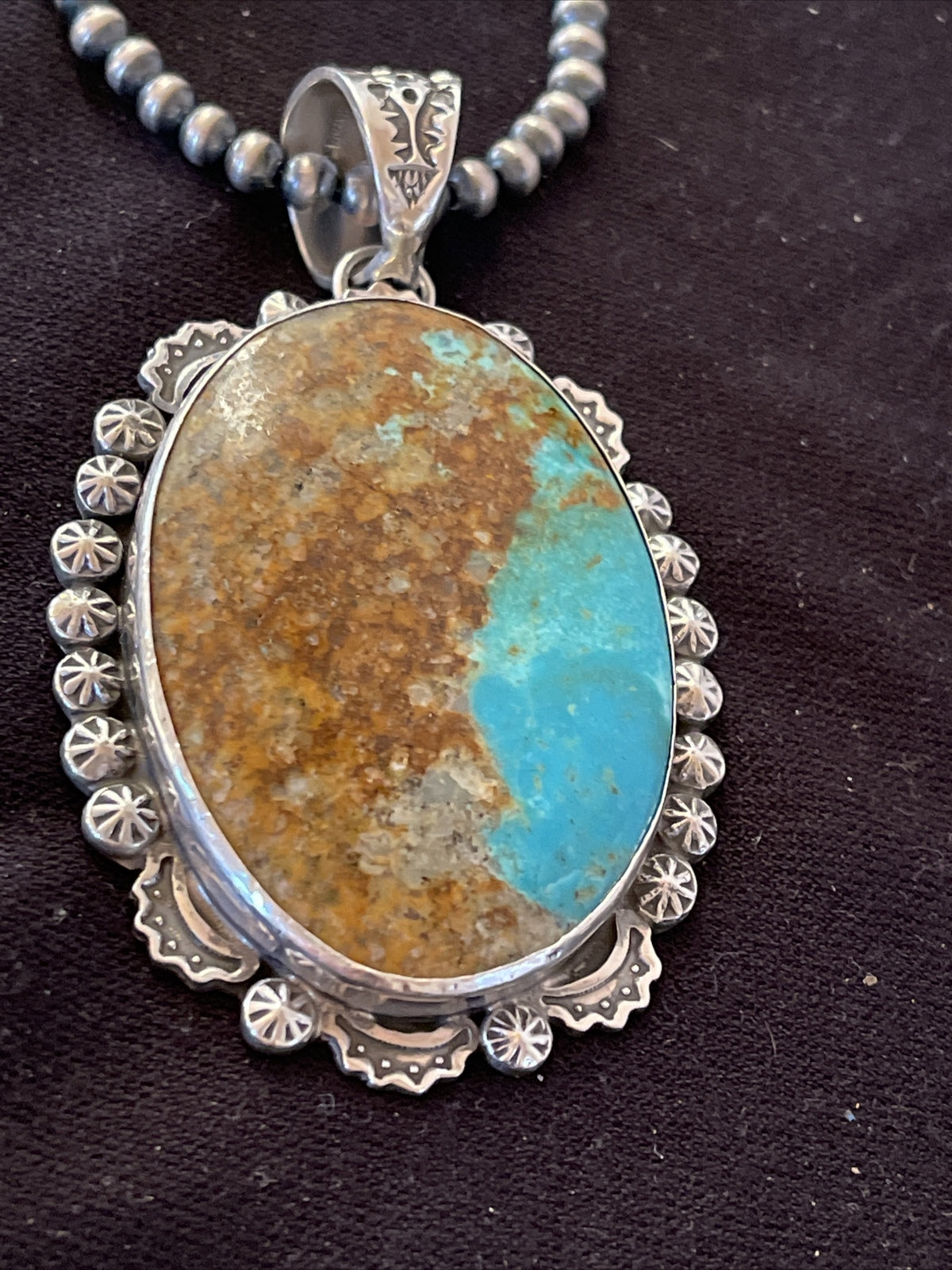 Blue Kingman Turquoise Pendant Navajo Pearls Sterling Silver Necklace 01310