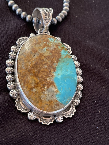 Blue Kingman Turquoise Pendant Navajo Pearls Sterling Silver Necklace 01310