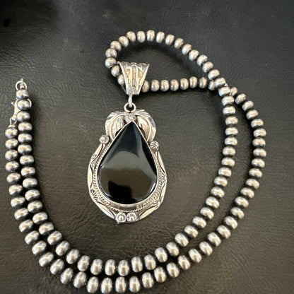 Mens Womens Black Onyx Pendant Navajo Sterling Silver Beads Necklace 18352