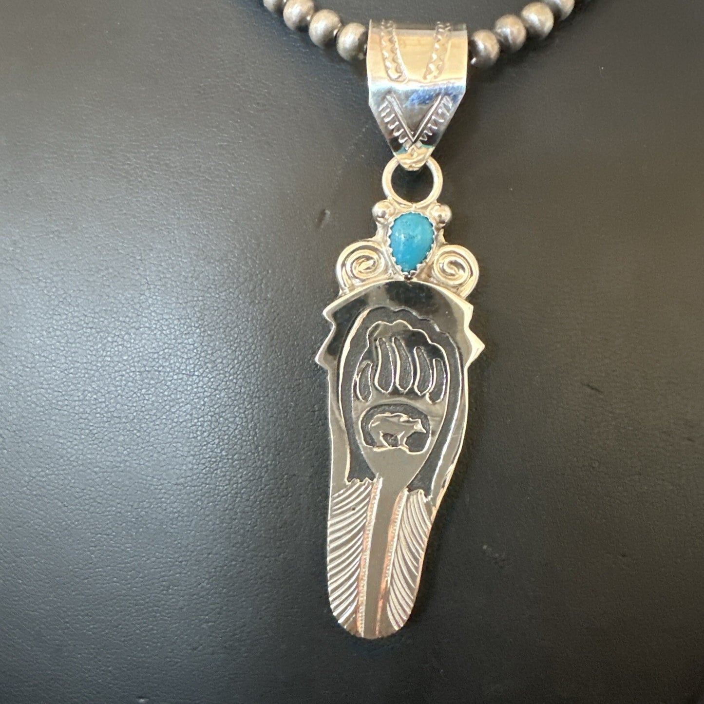 Feather BearPaw Navajo Sterling Silver Blue Turquoise Necklace Pendant 17813