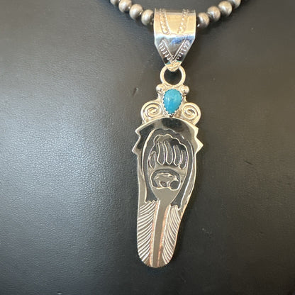 Feather BearPaw Navajo Sterling Silver Blue Turquoise Necklace Pendant 17813