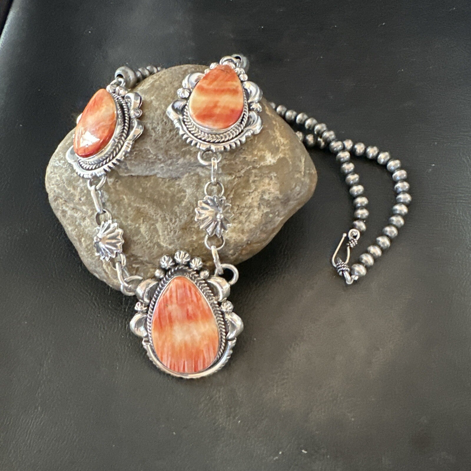Orange Spiny Oyster Pendant Navajo Sterling Silver Lariat Necklace 21" 18628