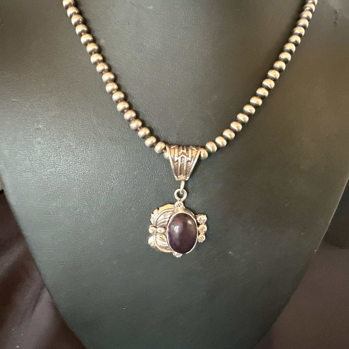 Purple Stone Pendant Navajo Pearls Sterling Silver Necklace 20” 18046